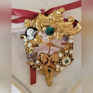 Vintage Gold  Watch Brooch with Green Gem and Pearls - Handmade